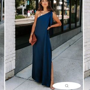 VICI Invite Only Navy One shoulder satin medium maxi dress
